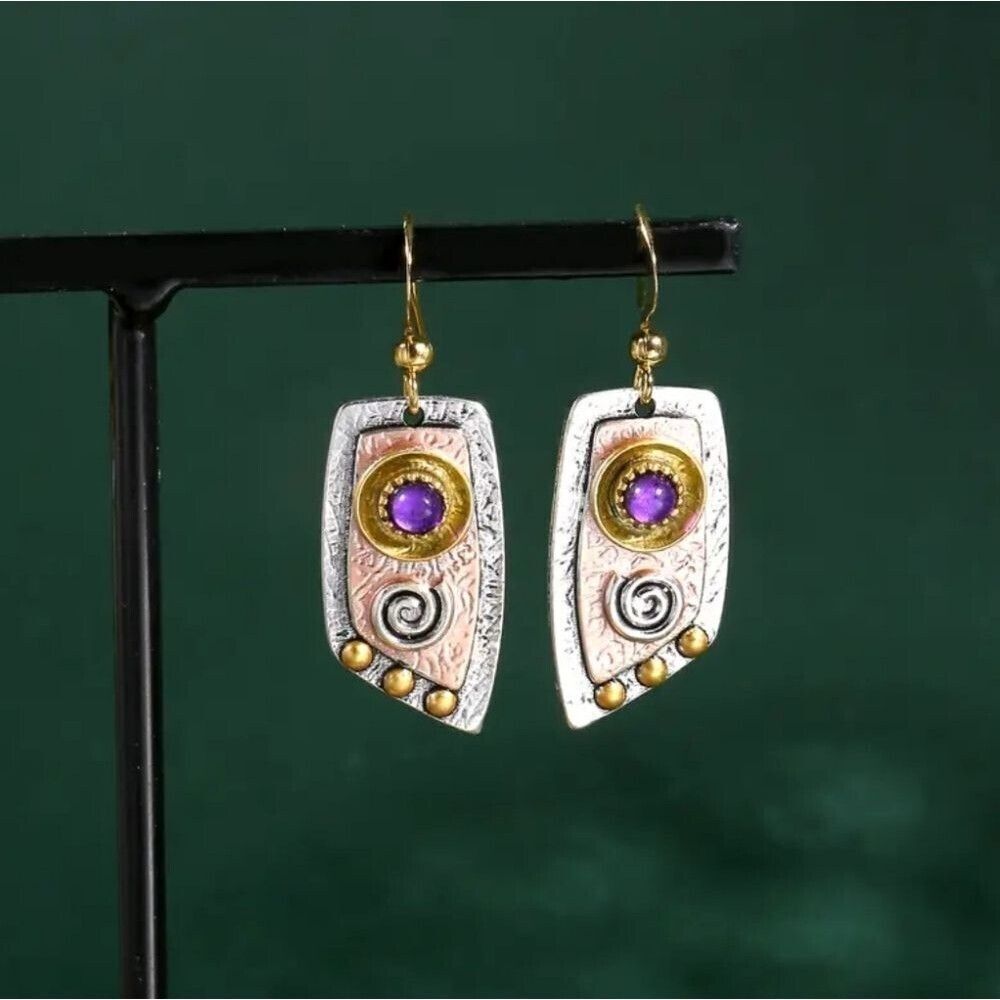 Abstract tricolor earrings purple stone swirl design Plated jewelry